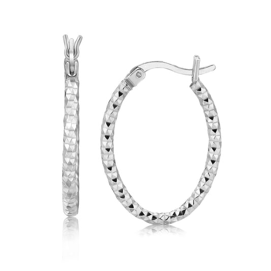 Sterling Silver Hoop Diamond Cut Texture Earrings with Rhodium Plating(2x15mm) 