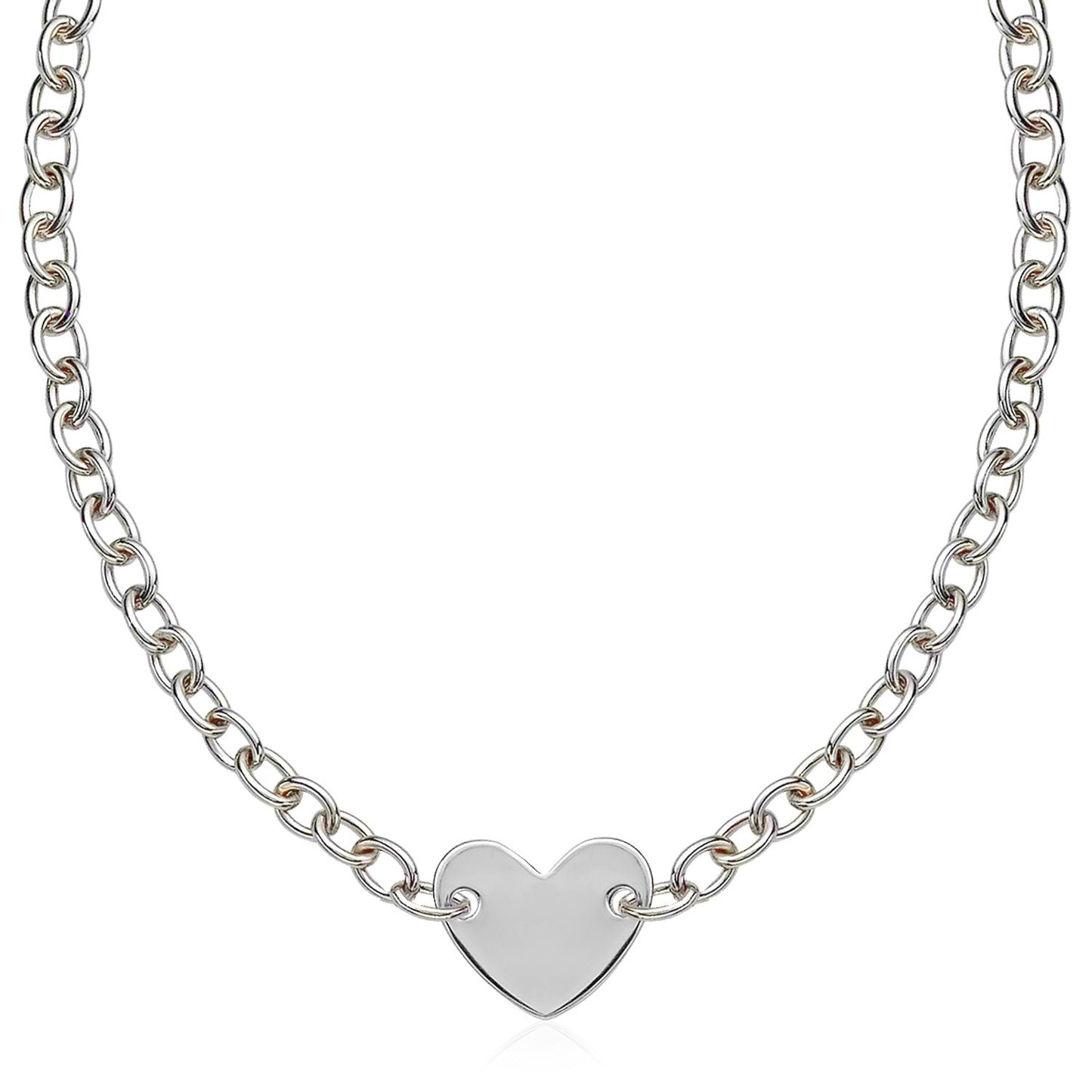 Sterling Silver Rhodium Plated Chain Bracelet with a Flat Heart Motif Station 