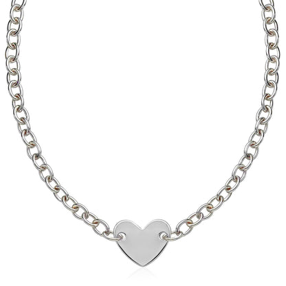 Sterling Silver Rhodium Plated Chain Bracelet with a Flat Heart Motif Station 