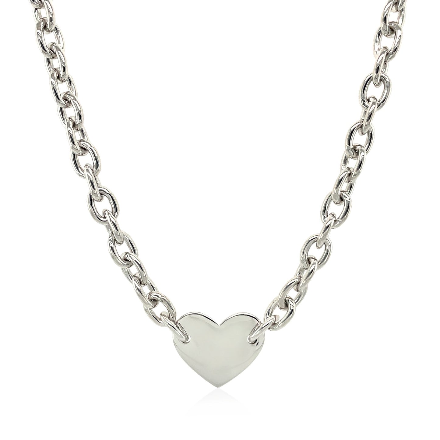 Sterling Silver Rhodium Plated Chain Bracelet with a Flat Heart Motif Station 