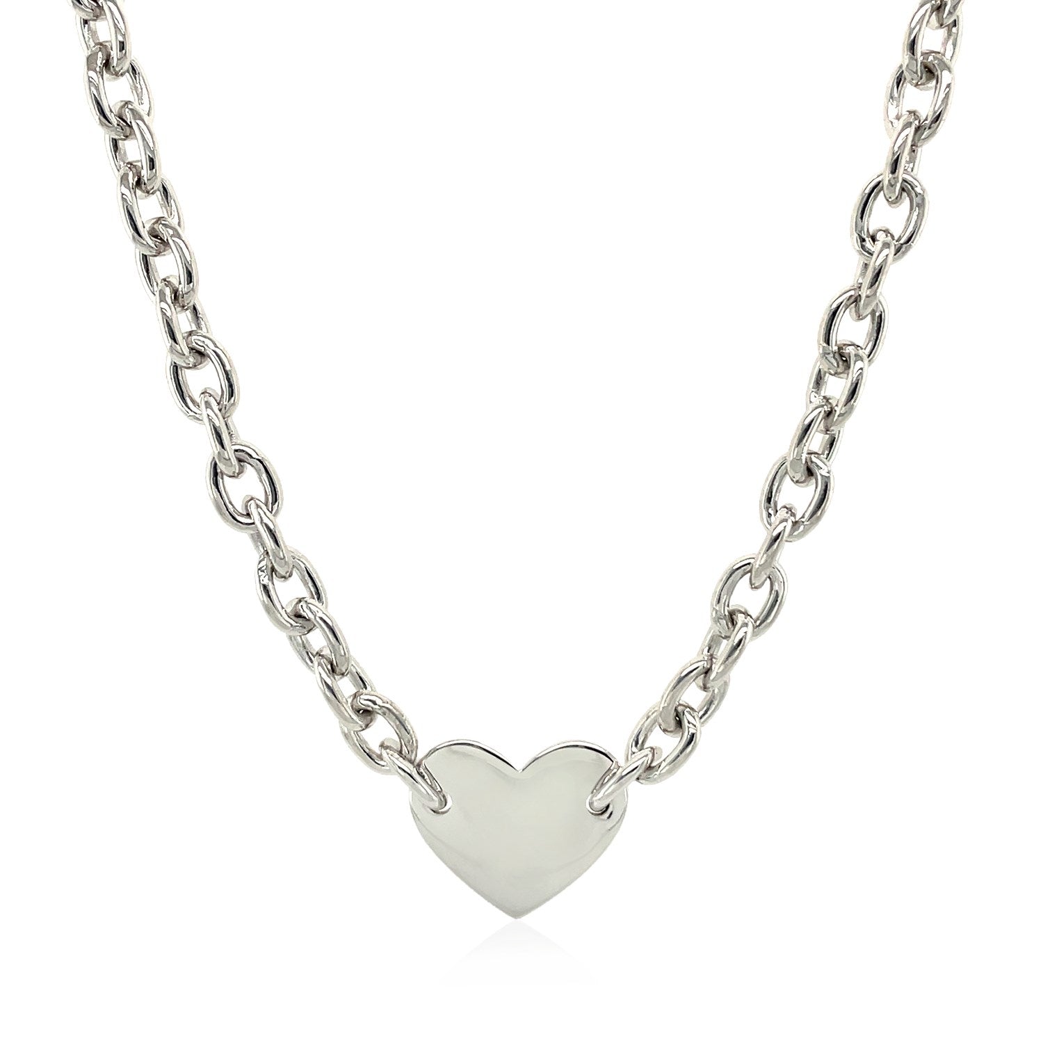 Sterling Silver Rhodium Plated Chain Bracelet with a Flat Heart Motif Station 