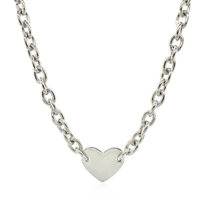 Sterling Silver Rhodium Plated Chain Bracelet with a Flat Heart Motif Station 