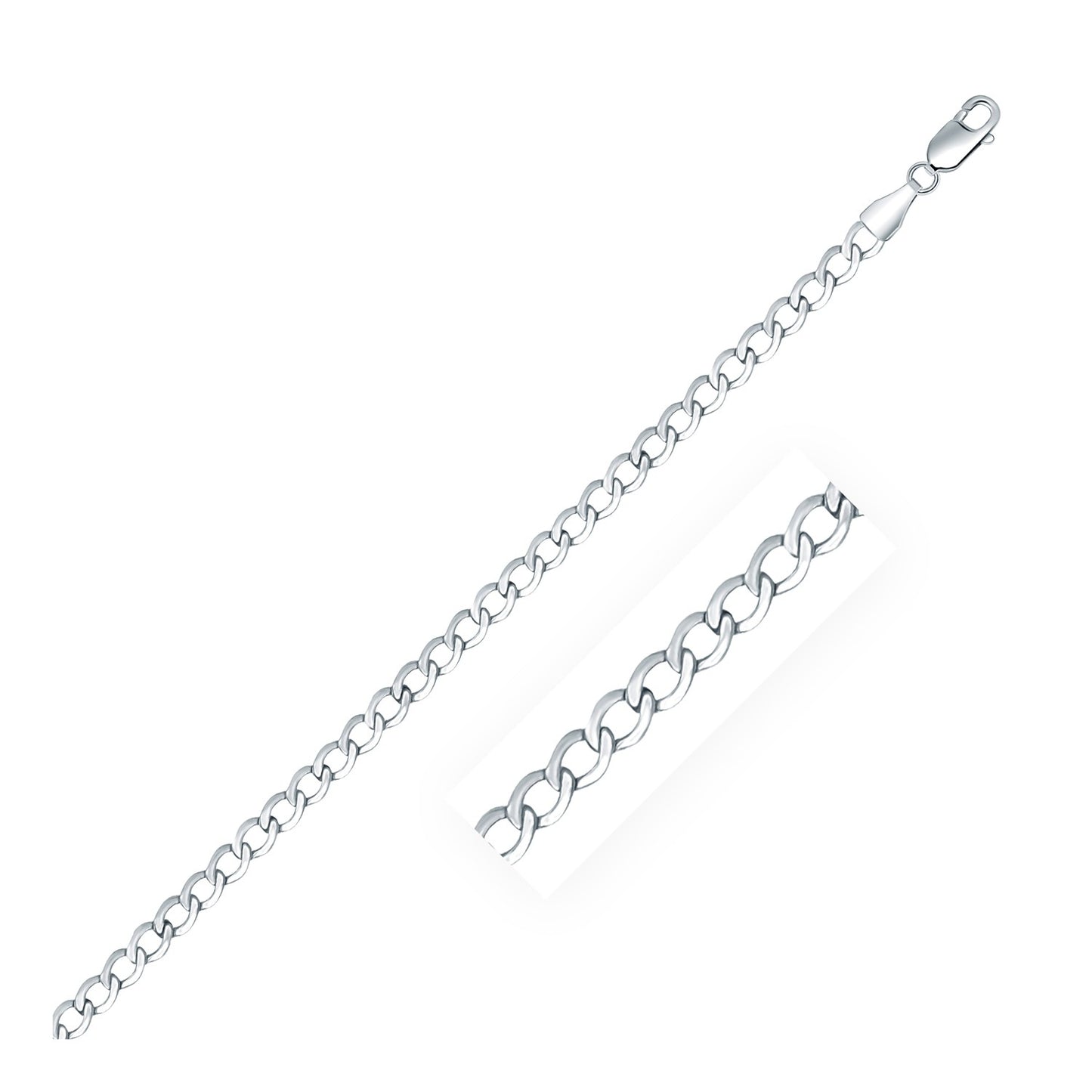 Rhodium Plated 3.7mm Sterling Silver Curb Style Chain (3.70 mm) 