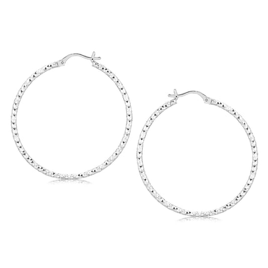 Sterling Silver Rhodium Plated Large Faceted Style Hoop Earrings(2x40mm) 