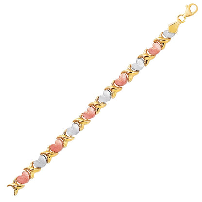 14k Tri-Color Gold Fancy Satin Heart Line Bracelet (6.35 mm) 