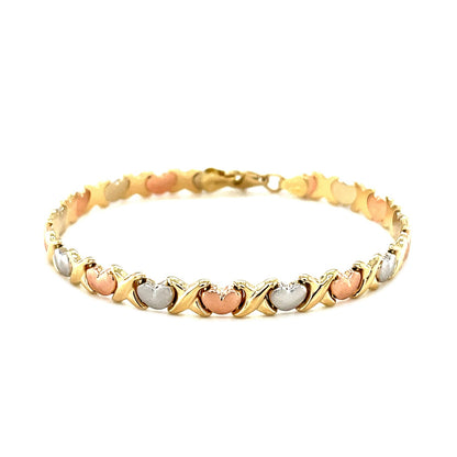 14k Tri-Color Gold Fancy Satin Heart Line Bracelet (6.35 mm) 