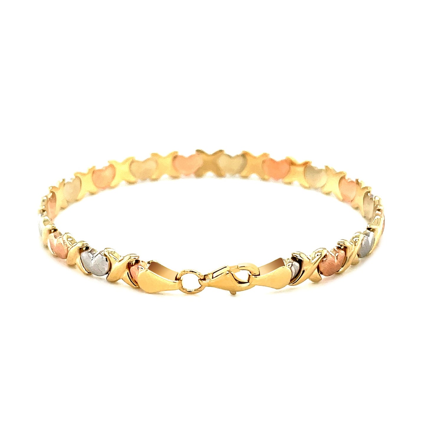 14k Tri-Color Gold Fancy Satin Heart Line Bracelet (6.35 mm) 