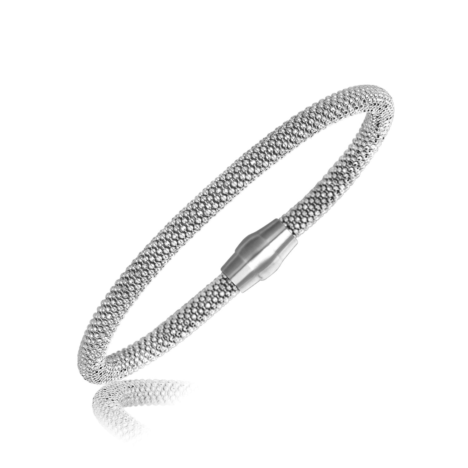 Sterling Silver Rhodium Plated Popcorn Motif Bangle (4.80 mm) 