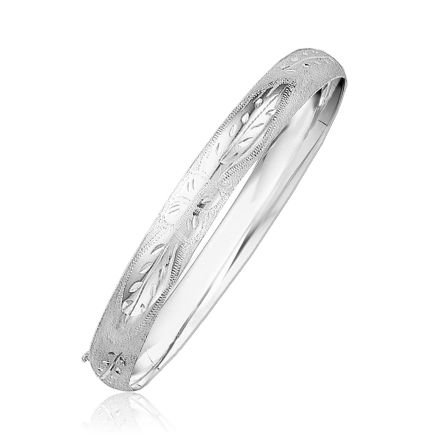 Classic Floral Carved Bangle in 14k White Gold (8.0mm) 