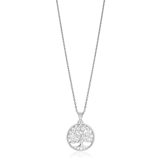 Sterling Silver Round Spiral Motif Tree of Life Necklace 