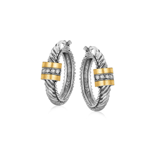 18k Yellow Gold and Sterling Silver Diamond Italian Cable Style Hoop Earrings 