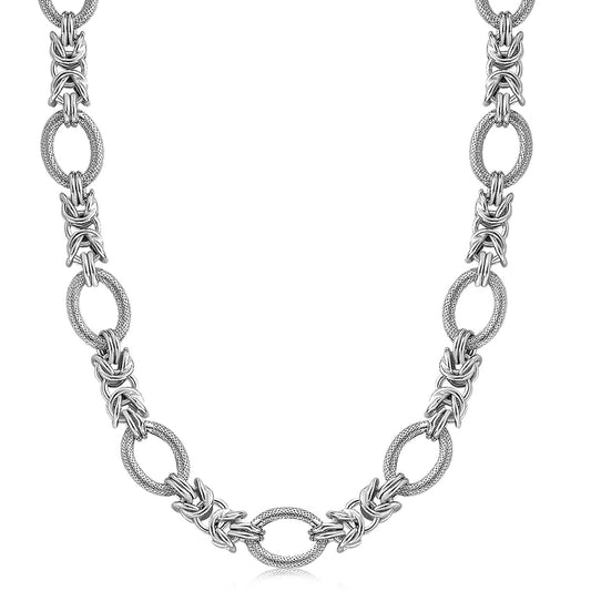 Sterling Silver  Rhodium Plated Knot Style and Textured Oval Chain Necklace 