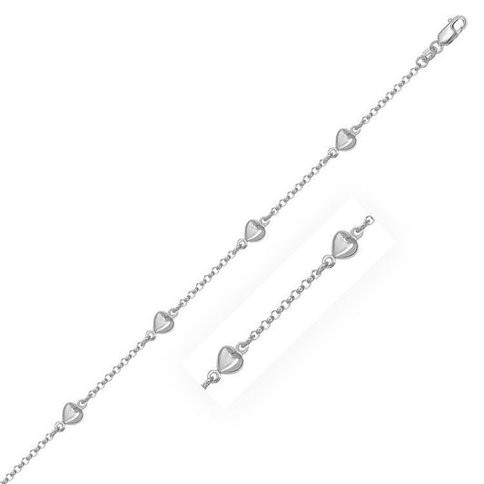 14k White Gold Rolo Chain Bracelet with Puffed Heart Stations (3.30 mm) 