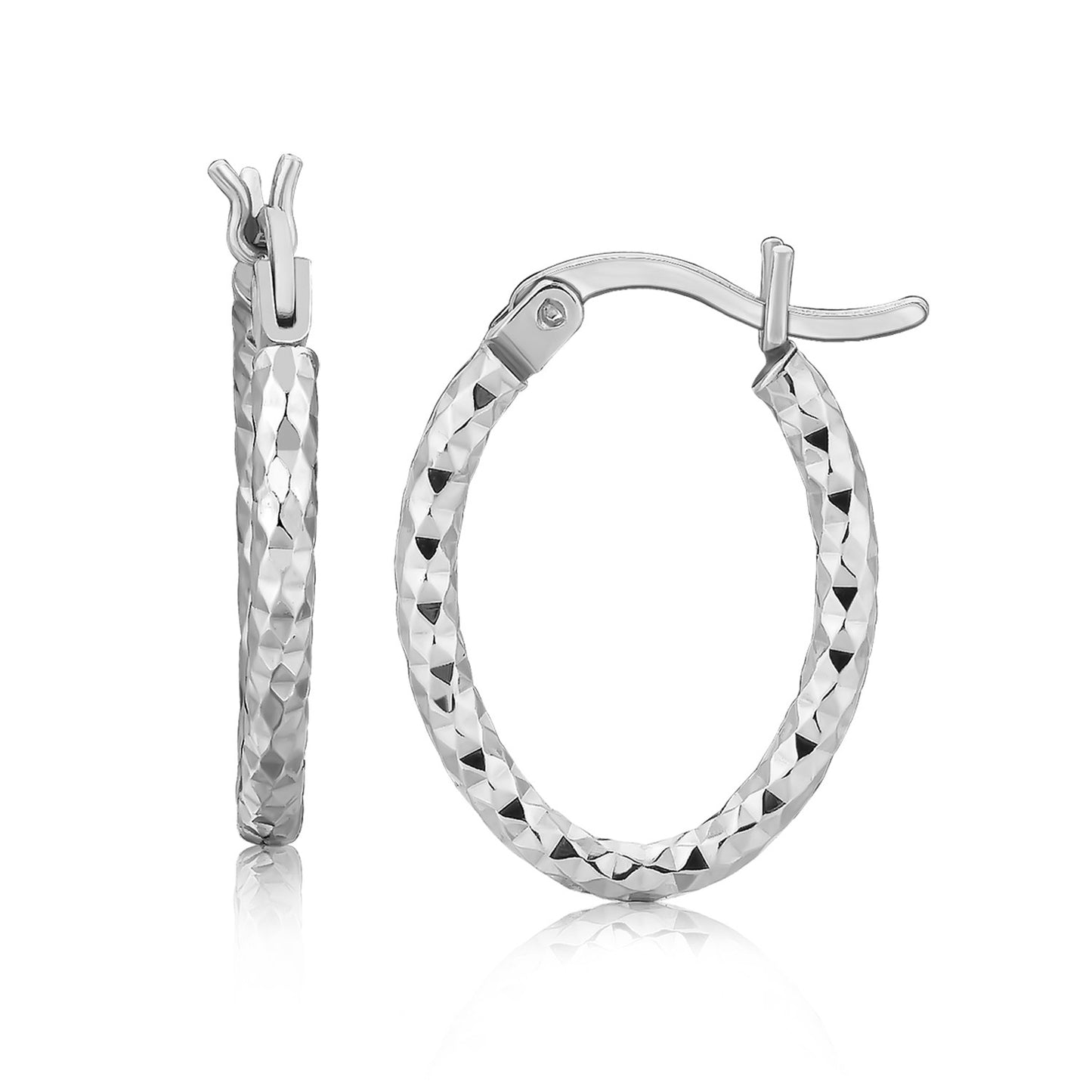 Sterling Silver Rhodium Plated Small Oval Hoop Diamond Cut Textured Earrings(2x10mm) 