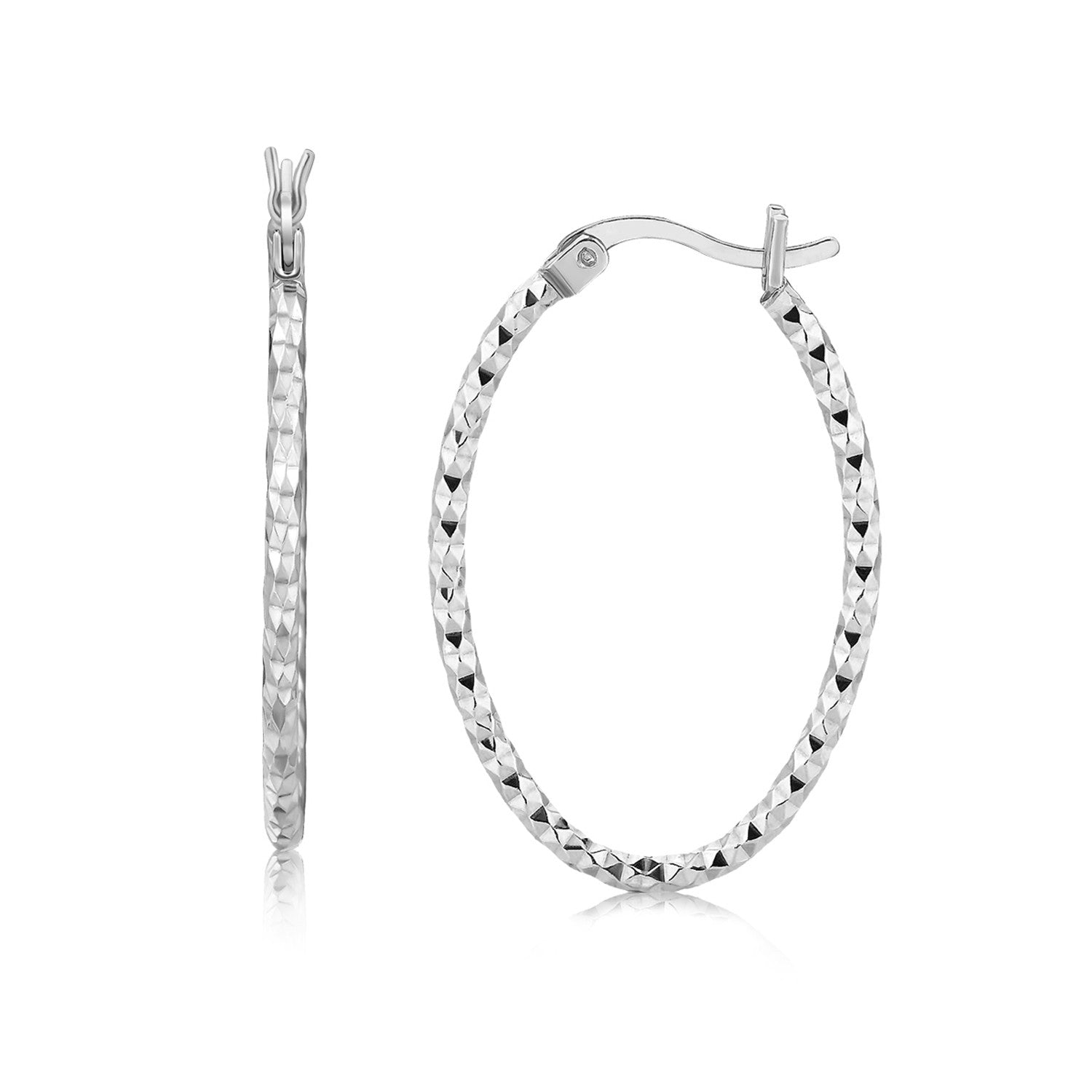 Sterling Silver Rhodium Plated Textured Diamond Cut Classic Hoop Earrings(2x25mm) 