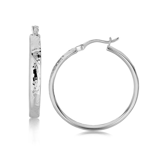 Sterling Silver Hammered Style Hoop Earrings with Rhodium Plating (4x30mm) 