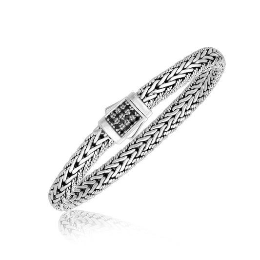Sterling Silver Braided Style Mens Bracelet with Black Sapphire Accents (1.70 mm) 