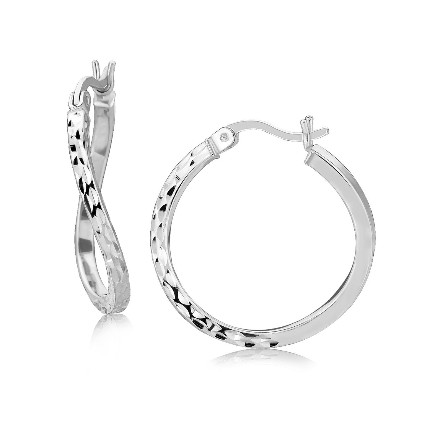 Sterling Silver Rhodium Plated Twist Style Hoop Diamond Cut Earrings (2x20mm) 