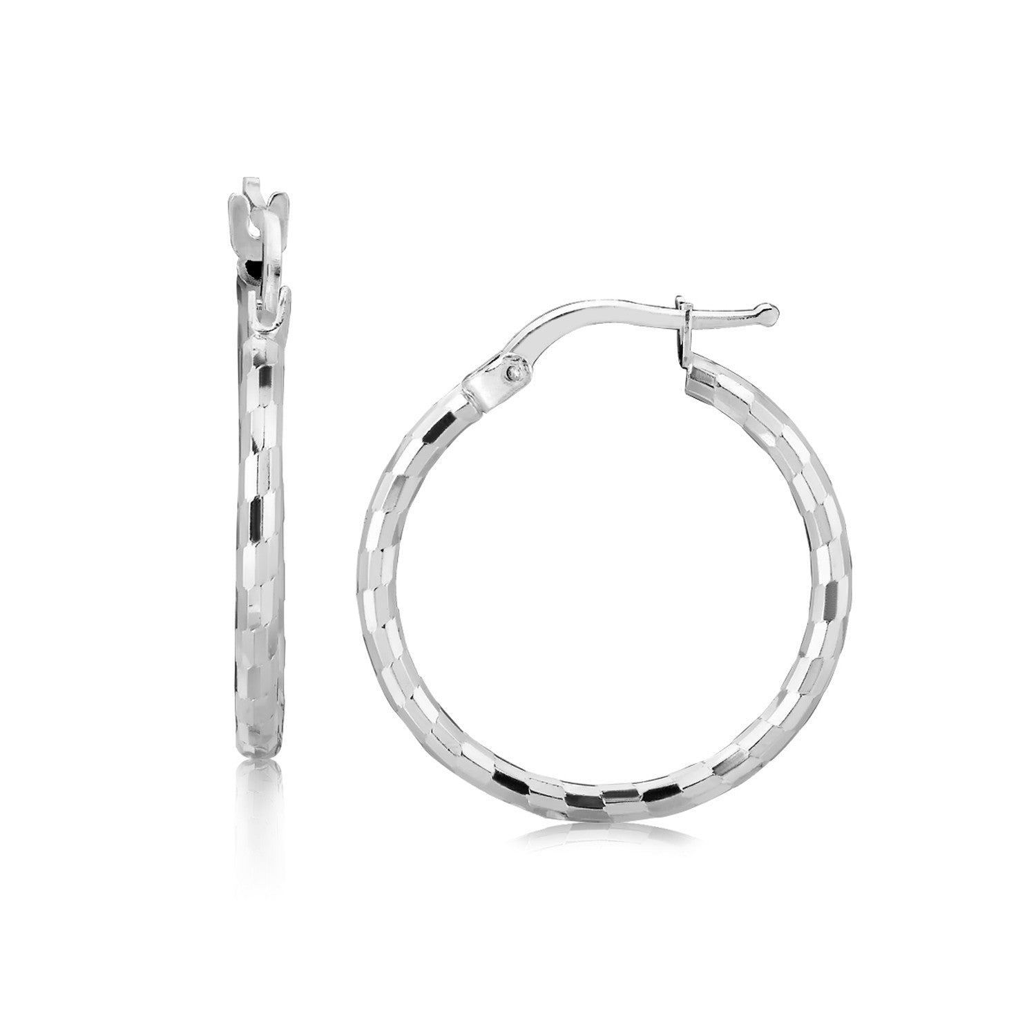 Sterling Silver Diamond Cut Hoop Earrings with Rhodium Plating (2x20mm) 