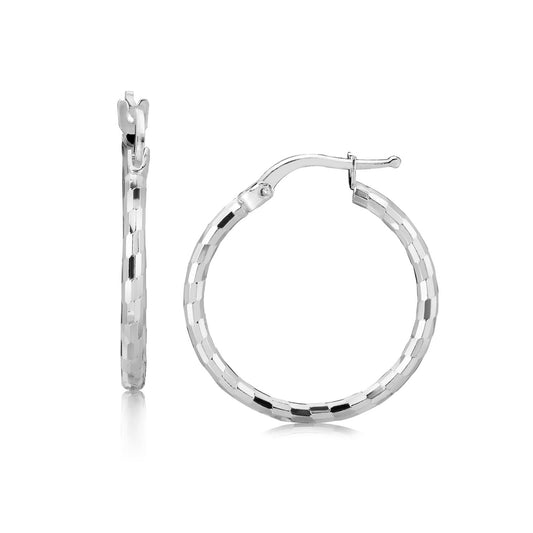 Sterling Silver Diamond Cut Hoop Earrings with Rhodium Plating (2x20mm) 