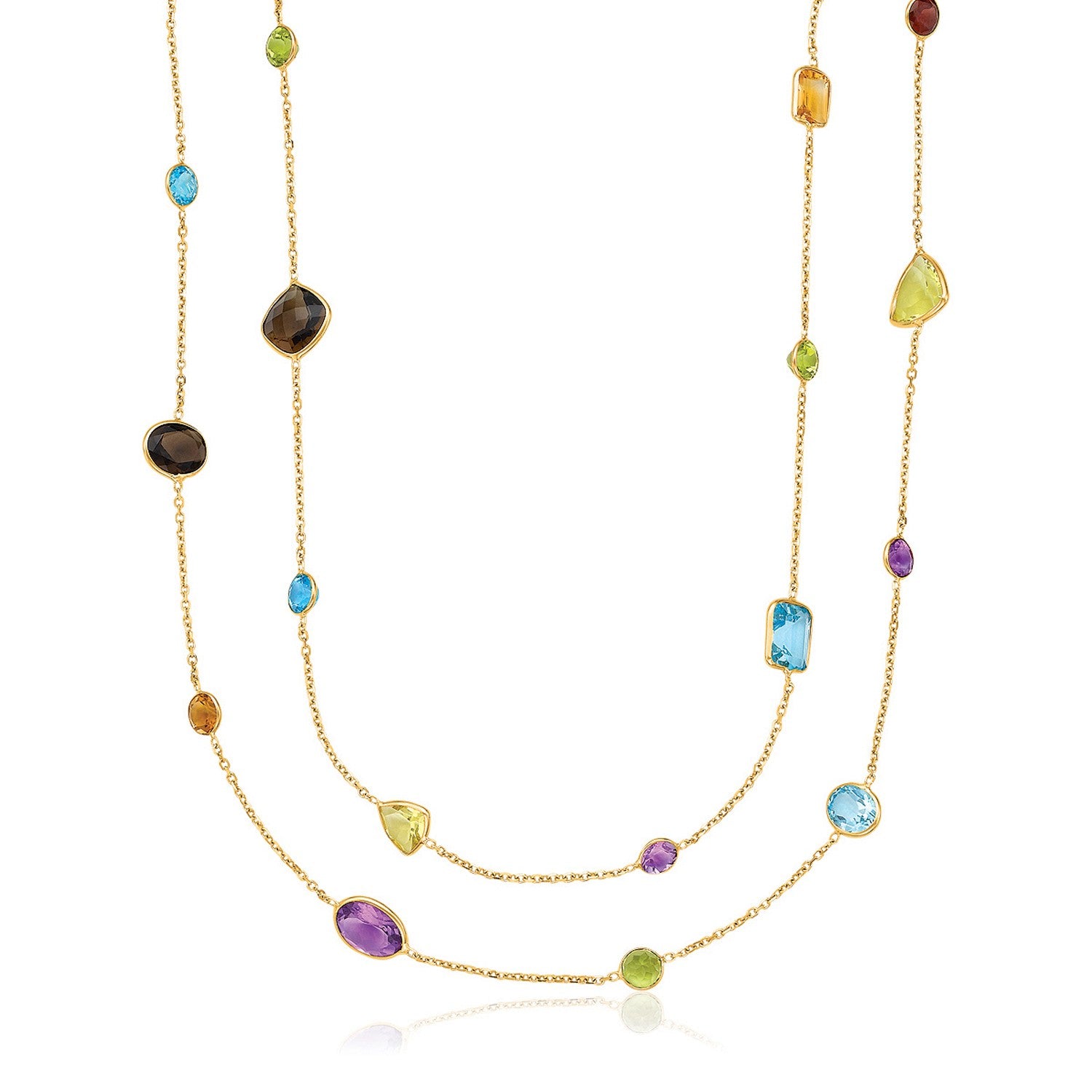 14k Yellow Gold Double Layer Multi Gem Necklace 