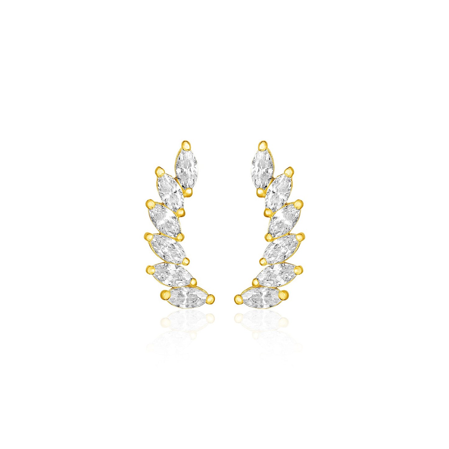 14k Yellow Gold Leaf Motif Climber Post Earrings with Marquise Cubic Zirconias 