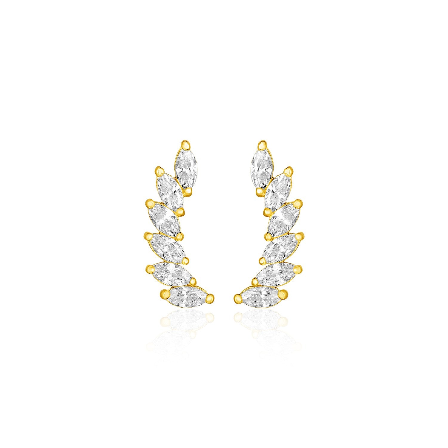 14k Yellow Gold Leaf Motif Climber Post Earrings with Marquise Cubic Zirconias 