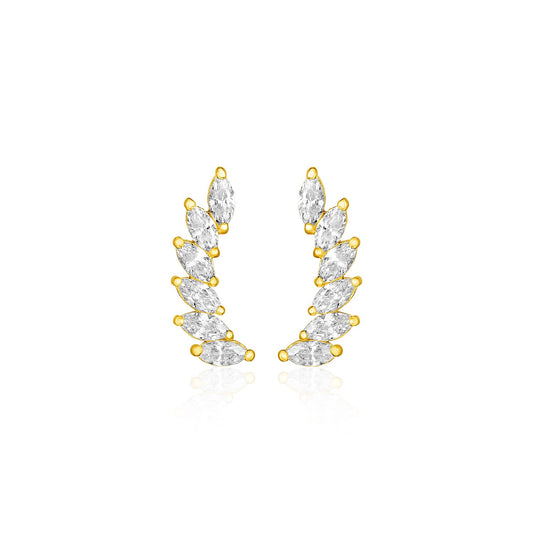 14k Yellow Gold Leaf Motif Climber Post Earrings with Marquise Cubic Zirconias 