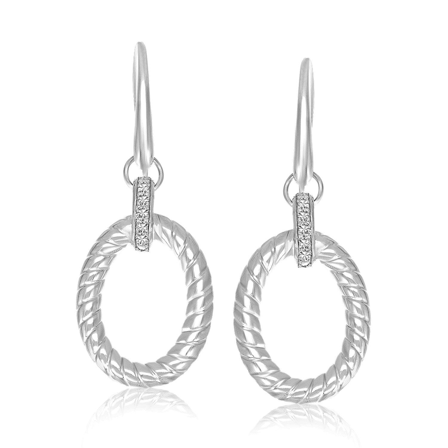 Sterling Silver Rhodium Finished Diamond Embellished Oval Rope Drop Earrings 