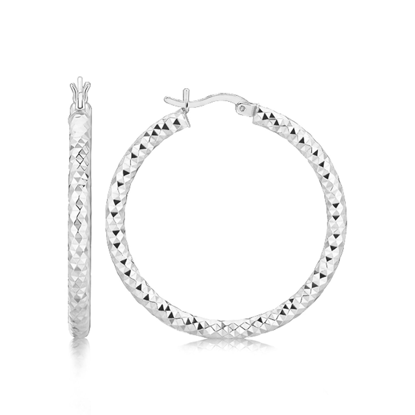 Sterling Silver Faceted Motif Large Hoop Earrings with Rhodium Plating(4x25mm) 