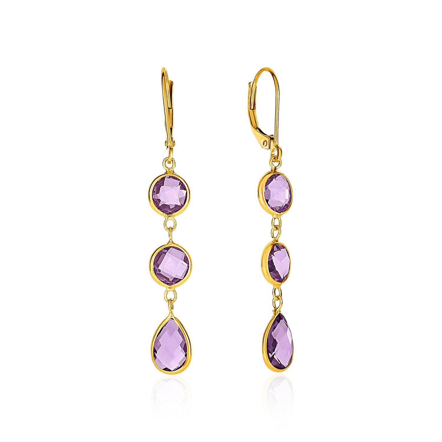 Drop Earrings with Round and Pear-Shaped Amethysts in 14k Yellow Gold 