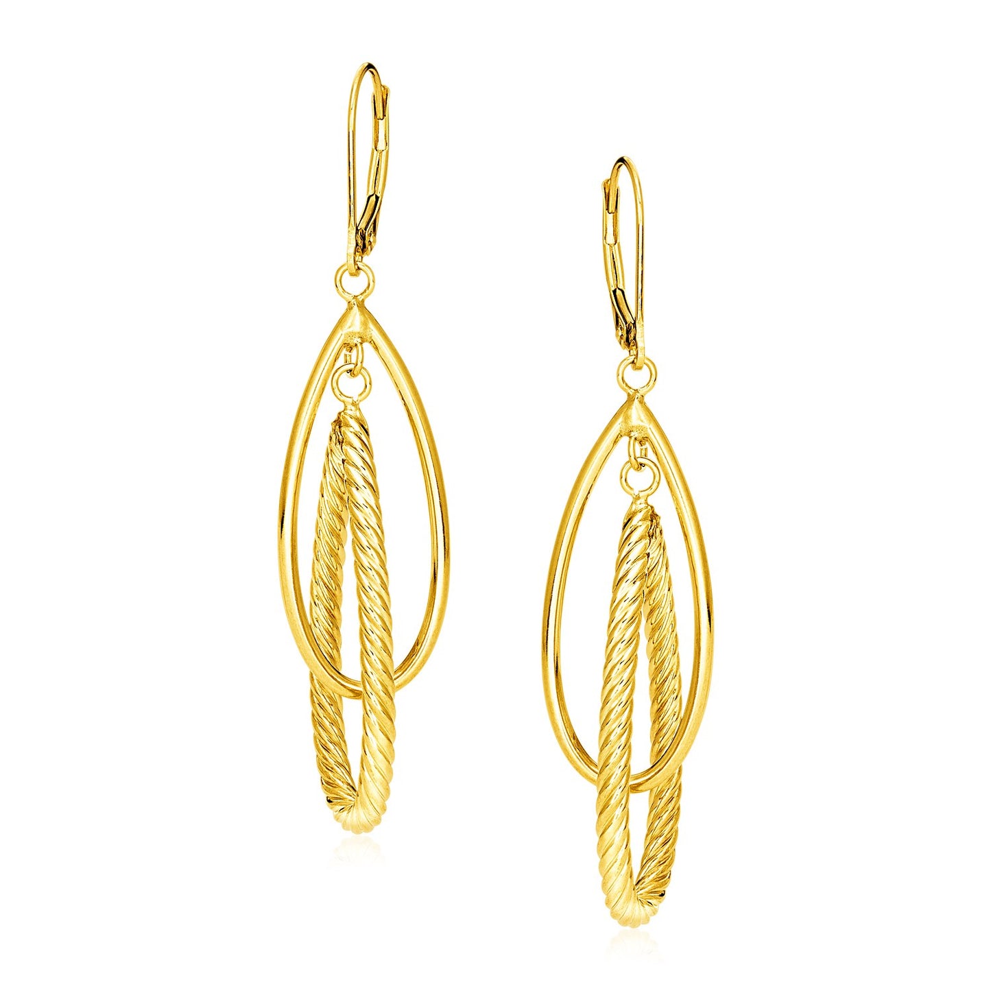 14k Yellow Gold Earrings with Shiny and Textured Teardrop Dangles 