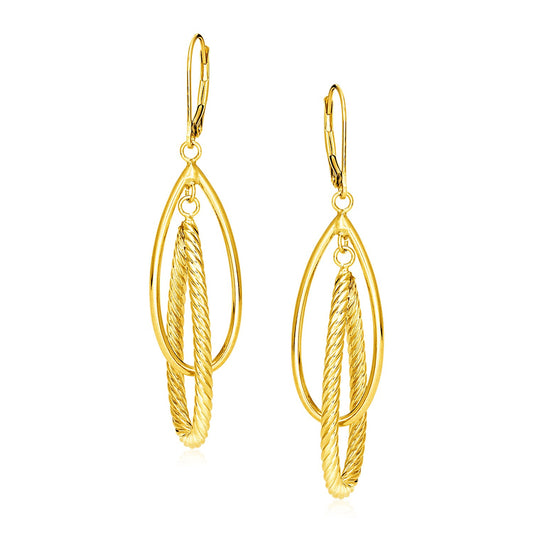 14k Yellow Gold Earrings with Shiny and Textured Teardrop Dangles 