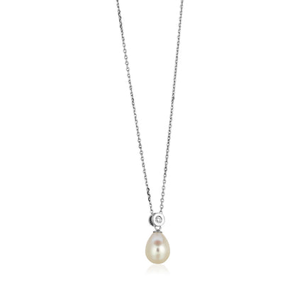 Sterling Silver Necklace with Pear Shaped Pearl and Cubic Zirconias 