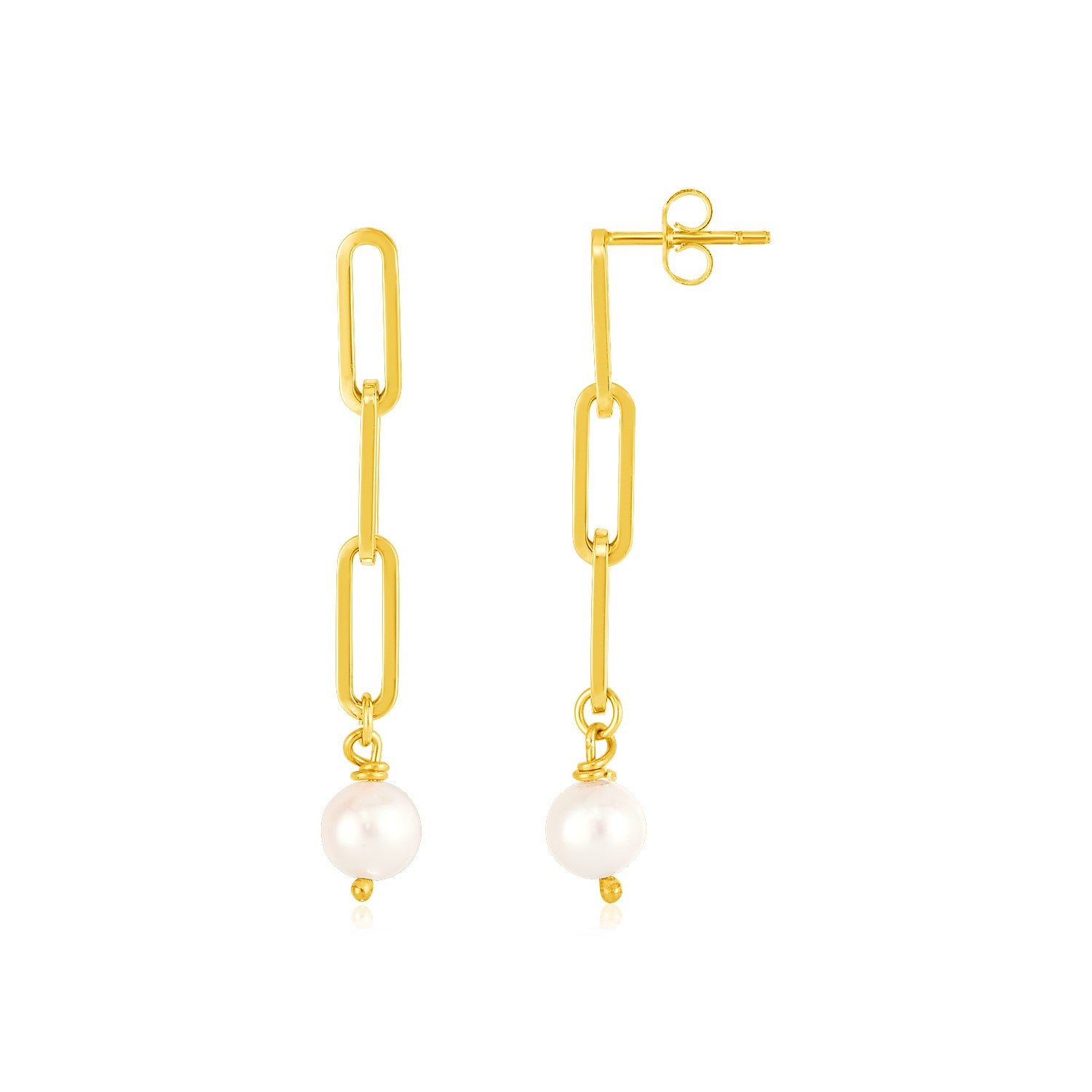 14k Yellow Gold Paperclip Chain Link Earrings with Pearls 