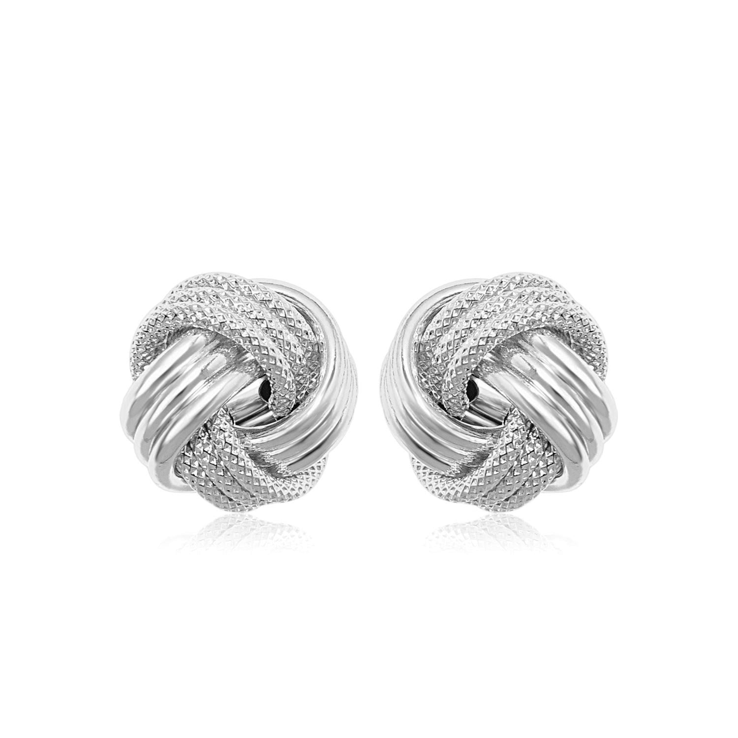 14k White Gold Love Knot with Ridge Texture Earrings 