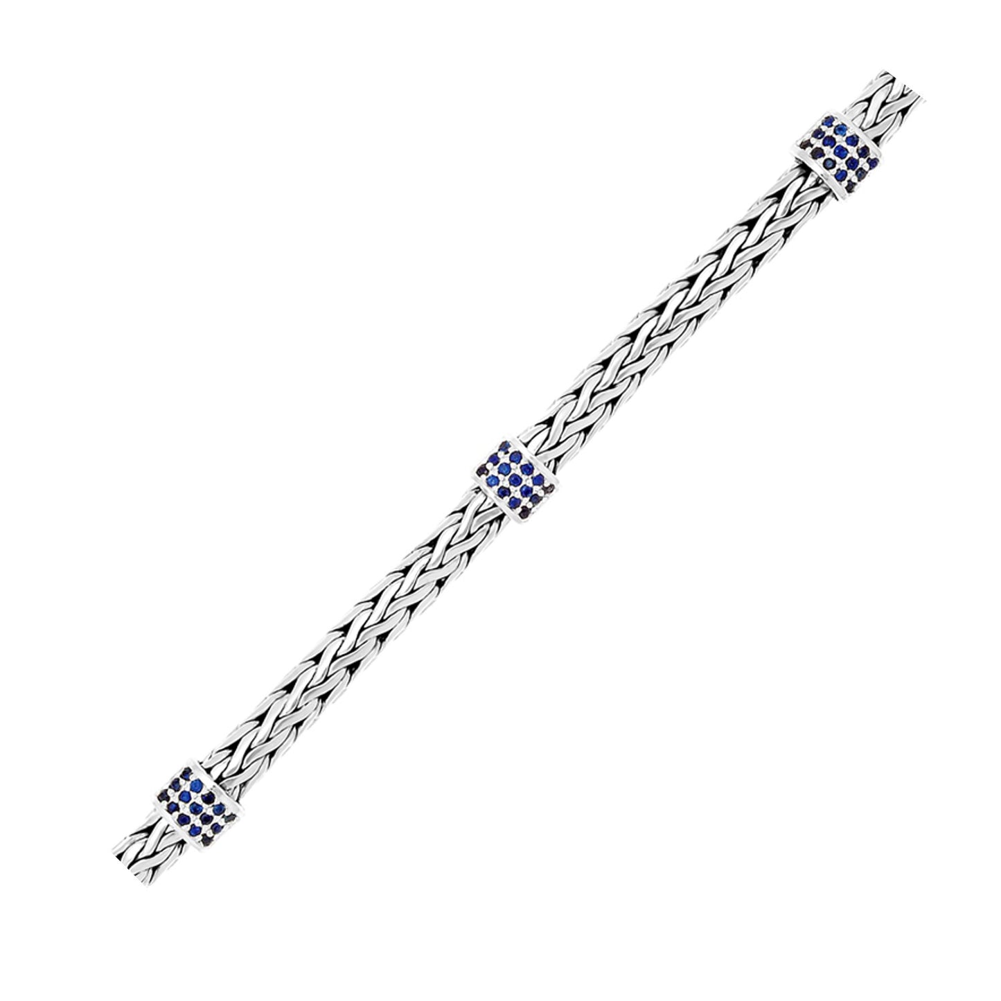 Sterling Silver Woven Bracelet with Blue Sapphire Stations (6.35 mm) 