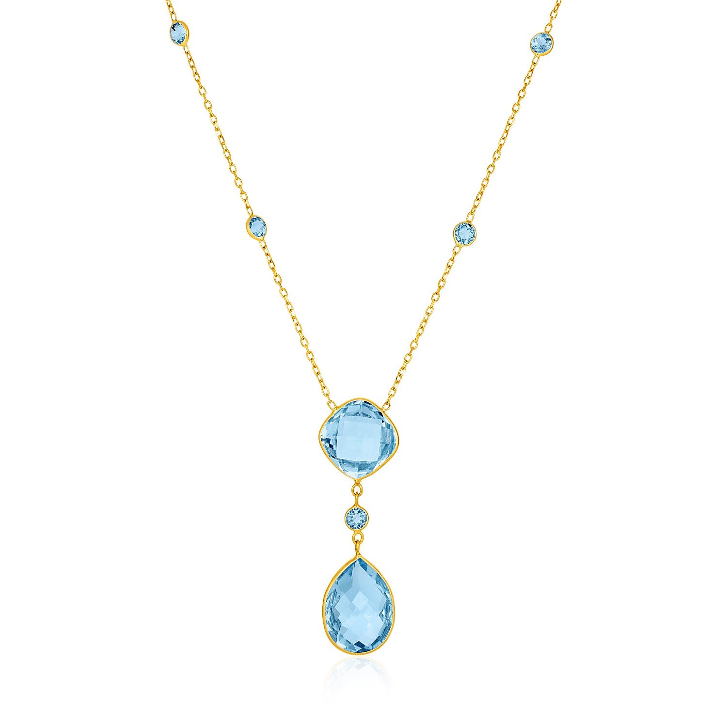 14k Yellow Gold Necklace with Pear-Shaped and Cushion Blue Topaz Briolettes 