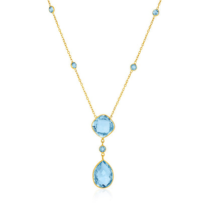 14k Yellow Gold Necklace with Pear-Shaped and Cushion Blue Topaz Briolettes 