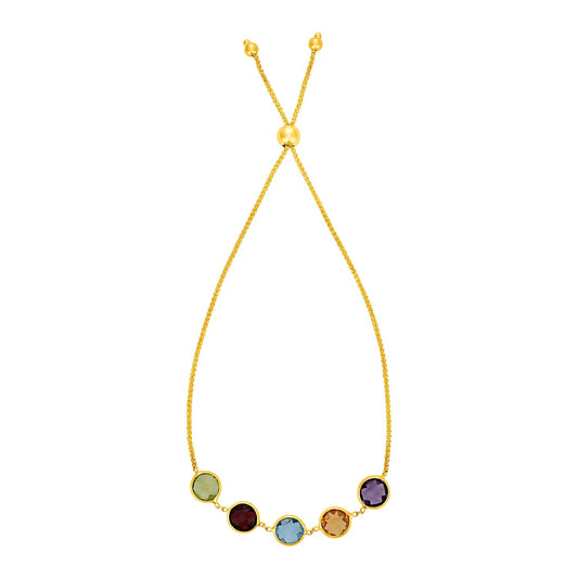 Adjustable Bracelet with Multicolored Large Round Gemstones in 14k Yellow Gold (1.00 mm) 
