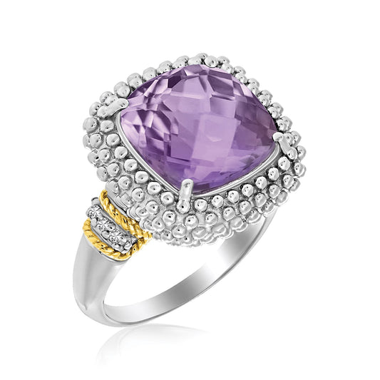 18k Yellow Gold & Sterling Silver Popcorn Ring with Amethyst and Diamond Accents 