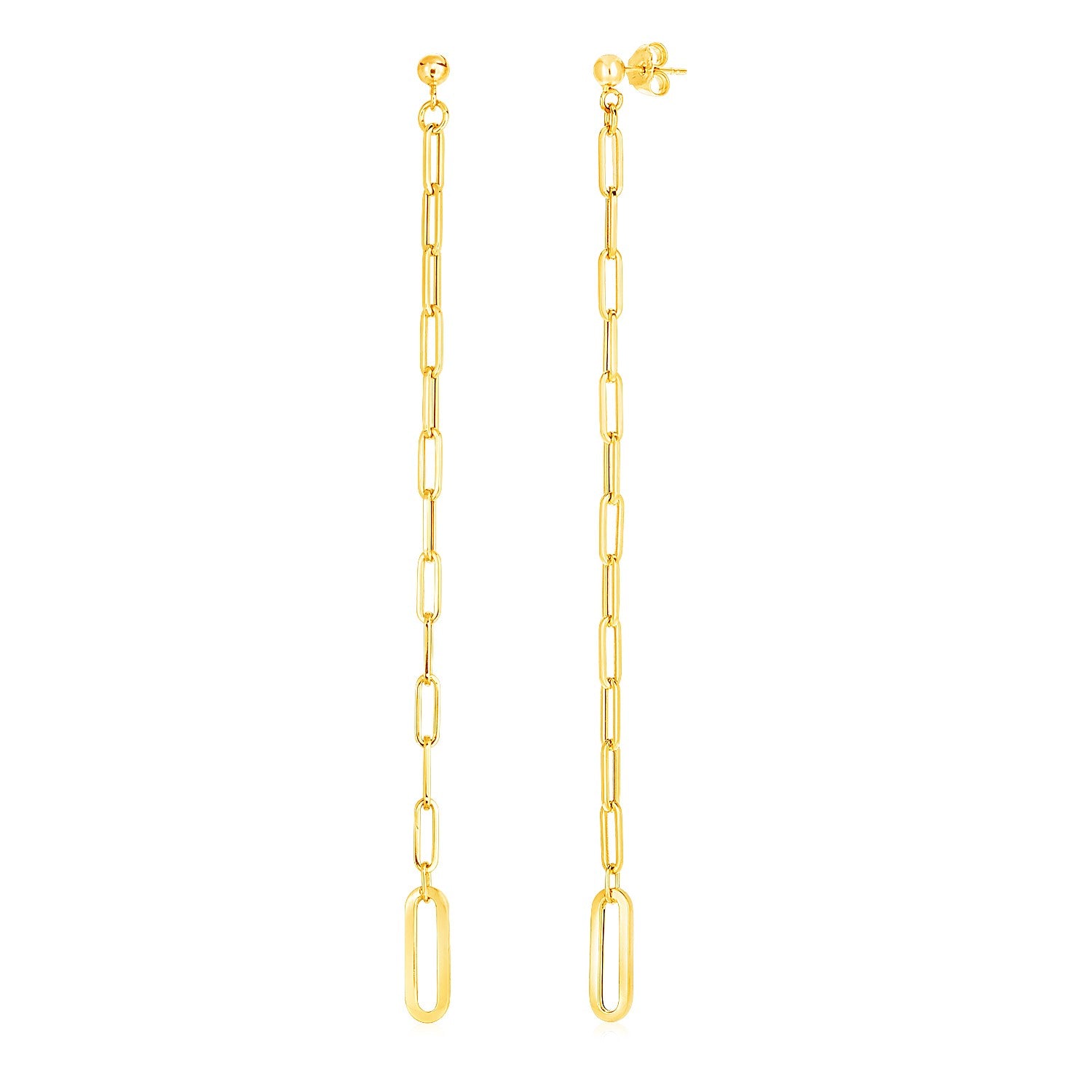 14k Yellow Gold Long Paperclip Chain Dangle Earrings 