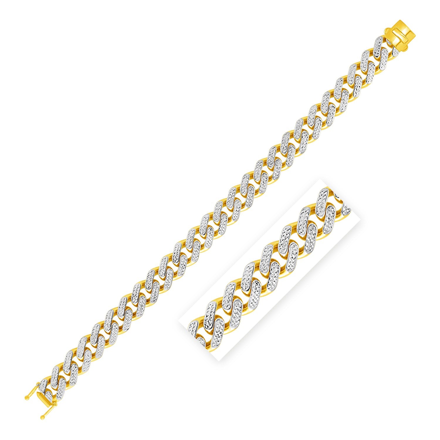 14k Two Tone Gold 8 1/2 inch Curb Chain Bracelet with White Pave (11.50 mm) 