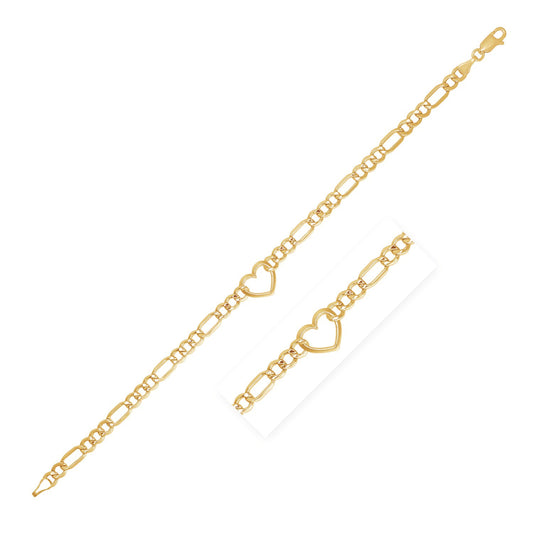 14k Yellow Gold 7 inch Figaro Chain Bracelet with Heart (4.50 mm) 