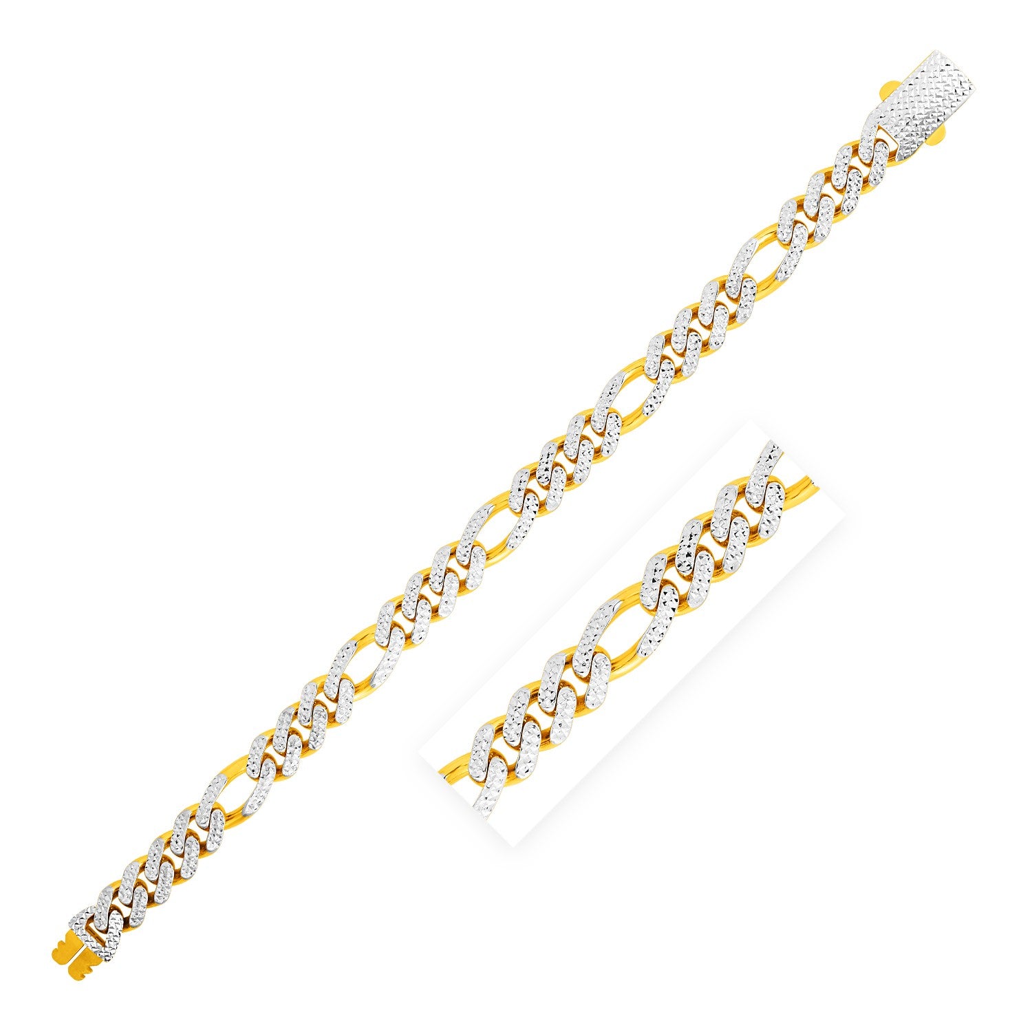 14k Yellow Gold White Pave High Polish Modern Lite Figaro Bracelet  (9.50 mm) 