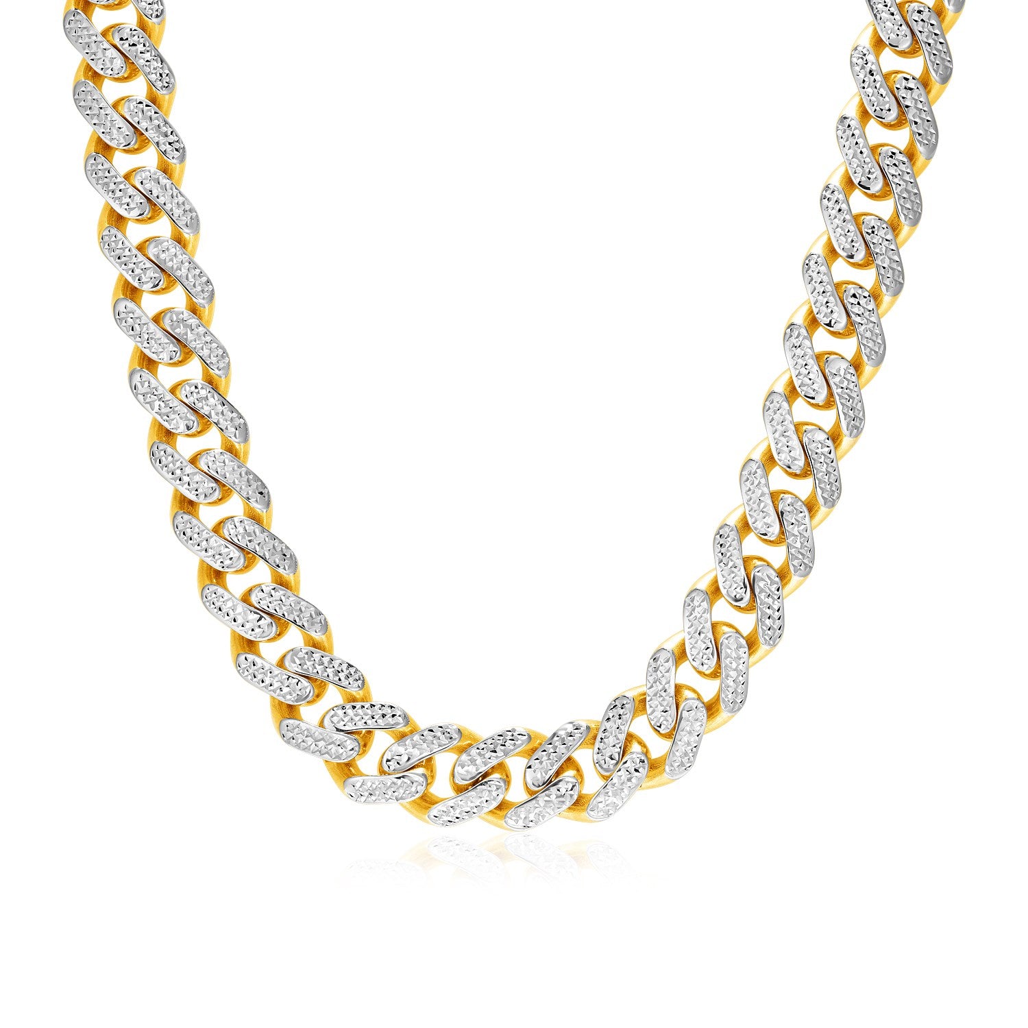 14k Two Tone Gold Miami Cuban Chain Necklace with White Pave 