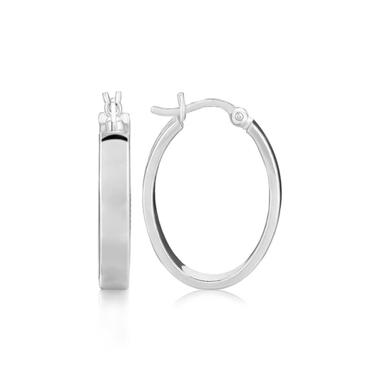 Sterling Silver Flat Style Oval Hoop Earrings with Rhodium Plating(4x14mm) 