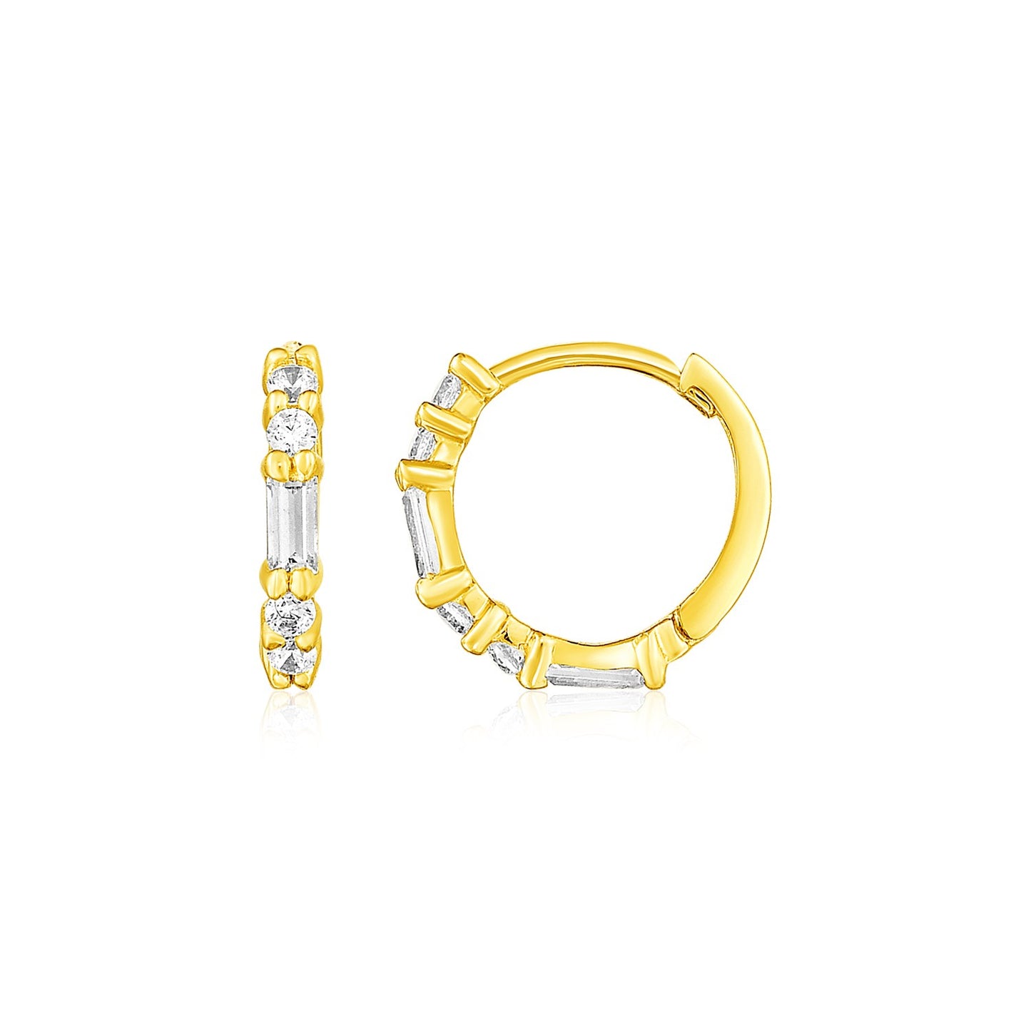 14k Yellow Gold Petite Hoop Earrings with Baguette Cubic Zirconias 