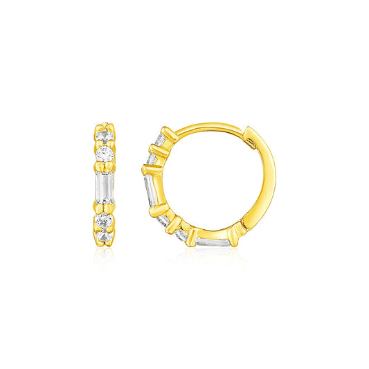 14k Yellow Gold Petite Hoop Earrings with Baguette Cubic Zirconias 