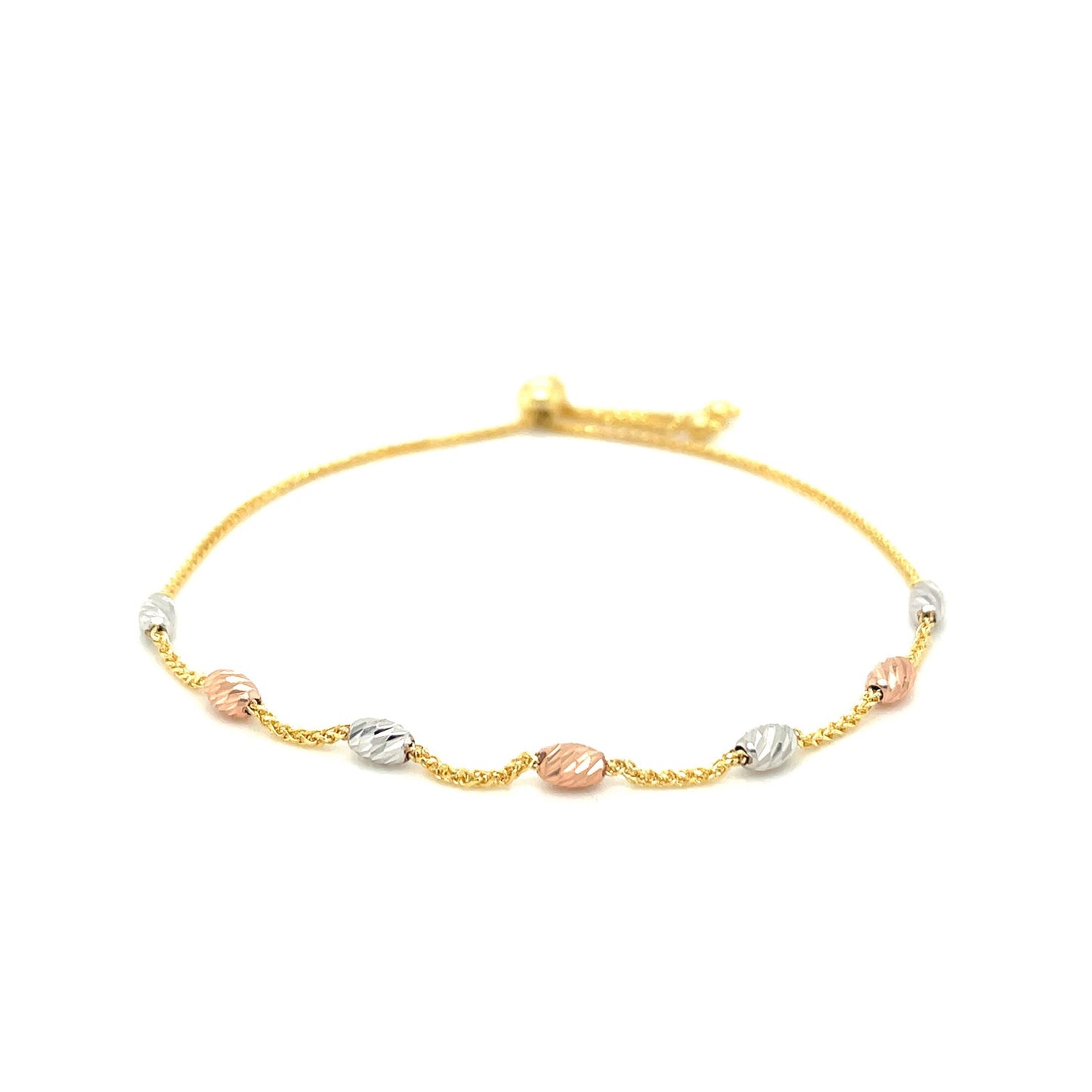 14k Tri-Color Gold Textured Oval Station Lariat Style Bracelet (1.20 mm) 